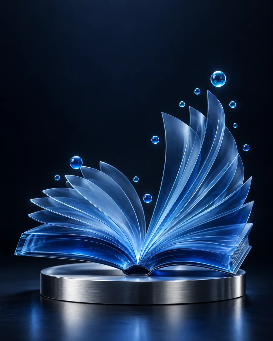 An illuminated sculptural book with glass pages opening into an arc