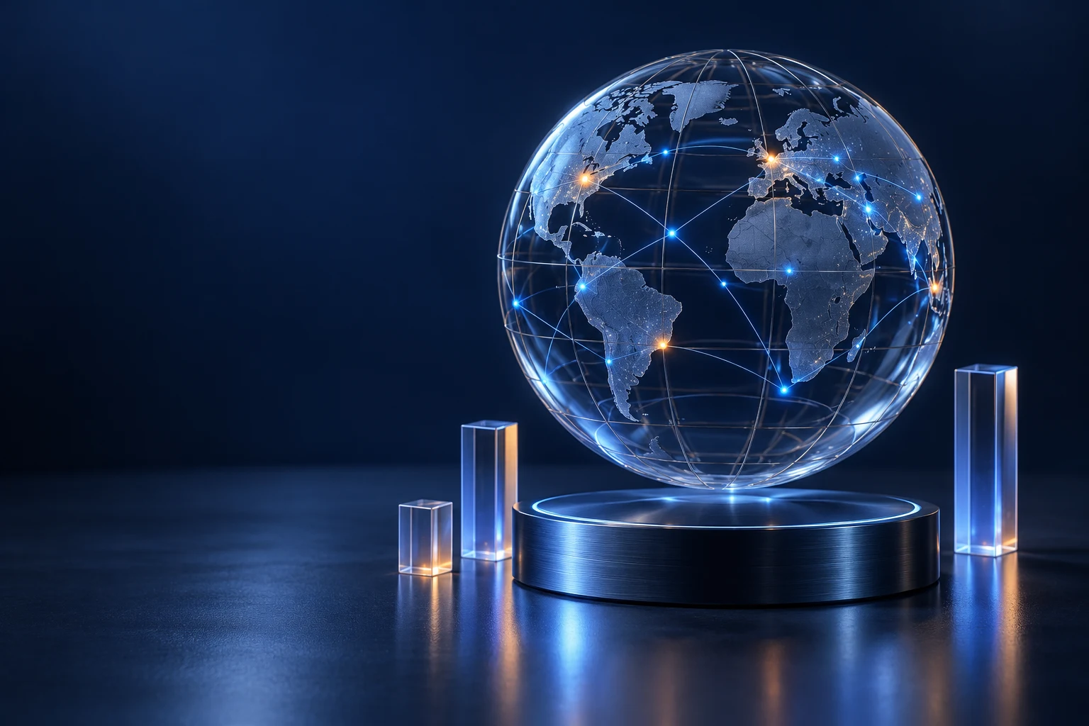 A sculptural glass globe connected by luminous blue paths